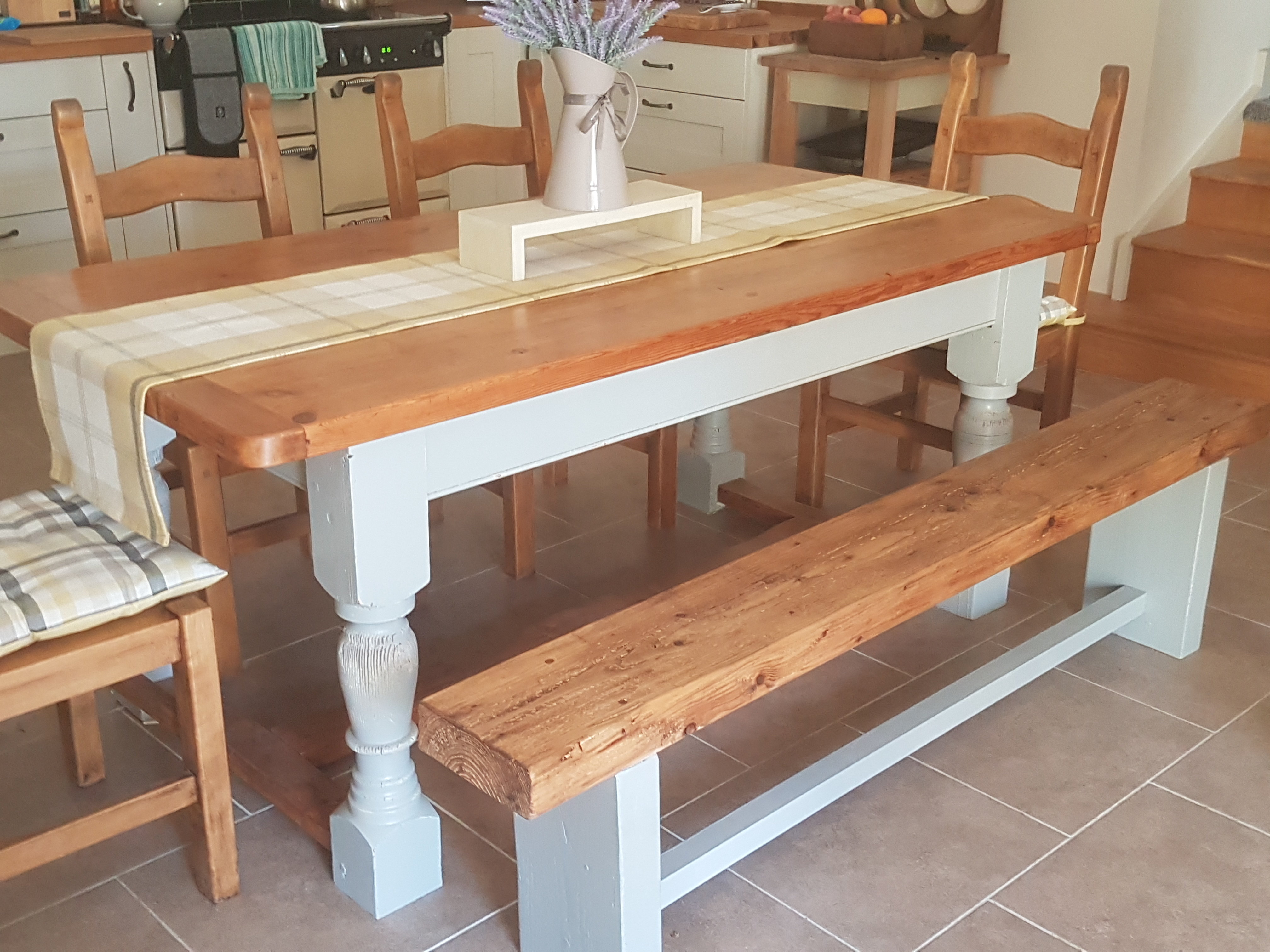 Rustic farmhouse table, chairs & bench